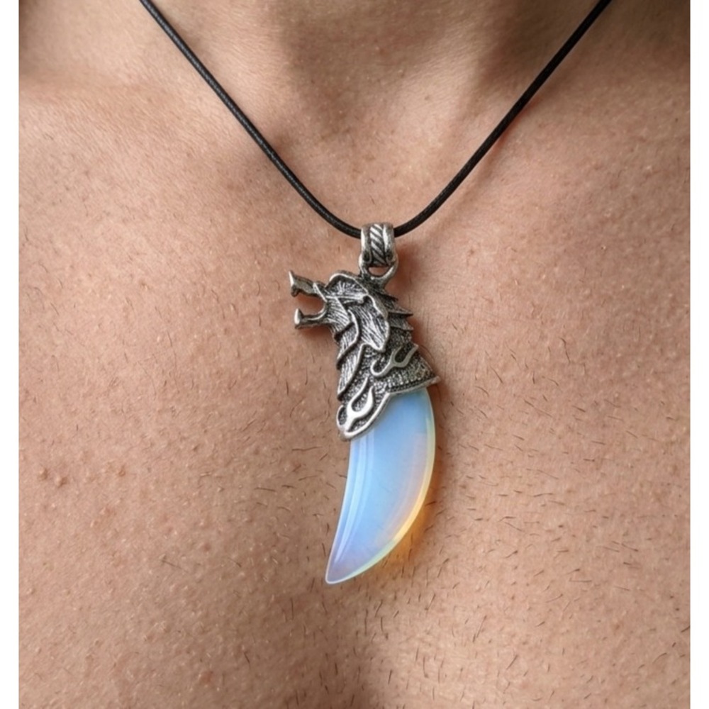 Opalite Wolf Tooth Pendant Necklace – Braided Cord – Gift Boxed – NEW